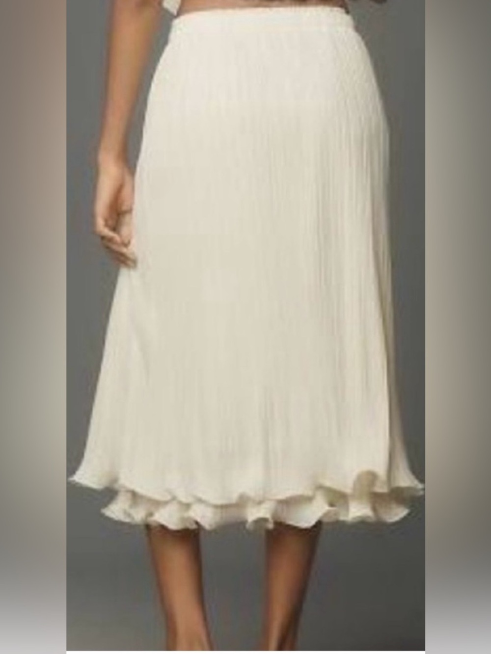 Anthropologie plissé Pencil  Cream Midi Ruffled Hem Skirt Size M